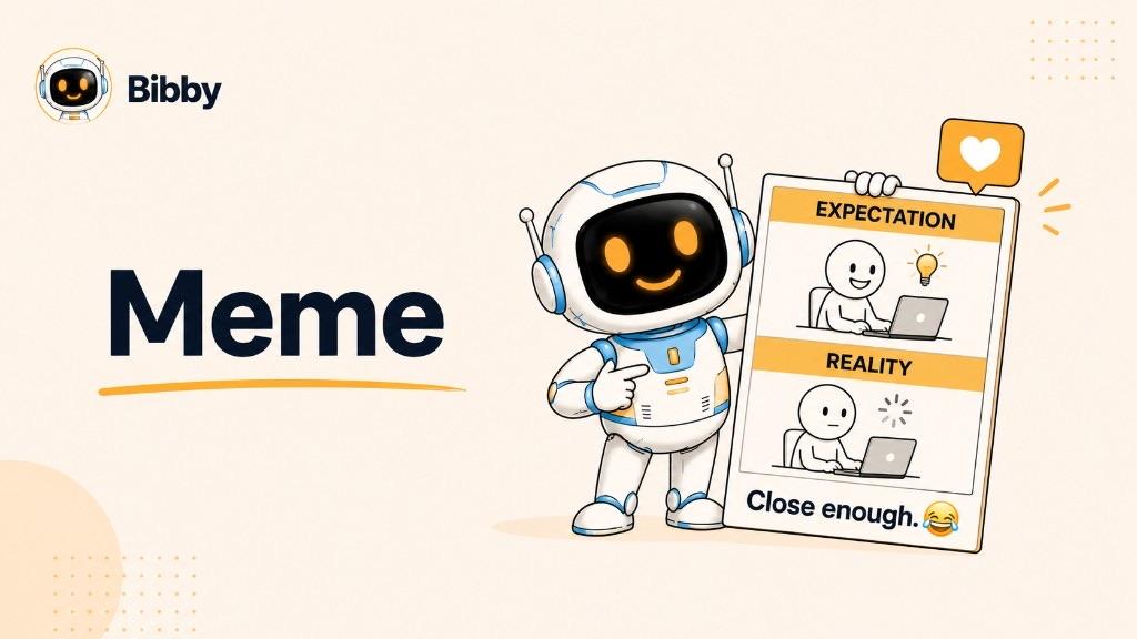 Bibby robot holding an Expectation versus Reality meme card with the caption Close enough, next to a large Meme title.