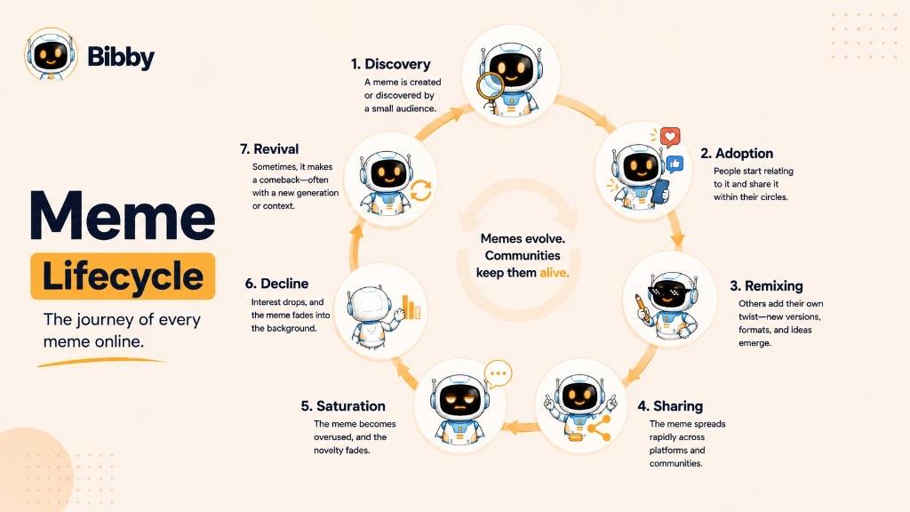 Infographic titled Meme Lifecycle showing discovery, adoption, remixing, sharing, saturation, decline, and revival in a circle.