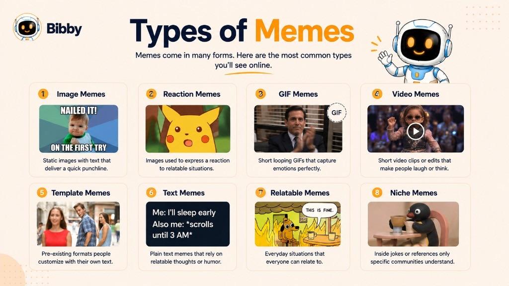 Infographic titled Types of Memes showing image, reaction, GIF, video, template, text, relatable, and niche examples.