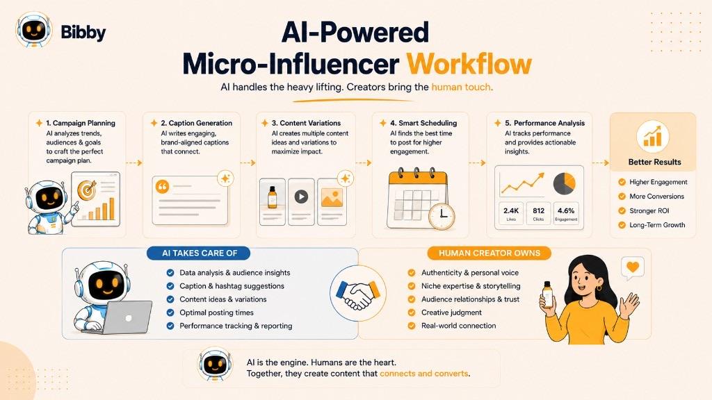 Infographic titled AI-Powered Micro-Influencer Workflow showing campaign planning, caption generation, content variations, smart scheduling, and performance analysis, plus AI versus human creator roles.