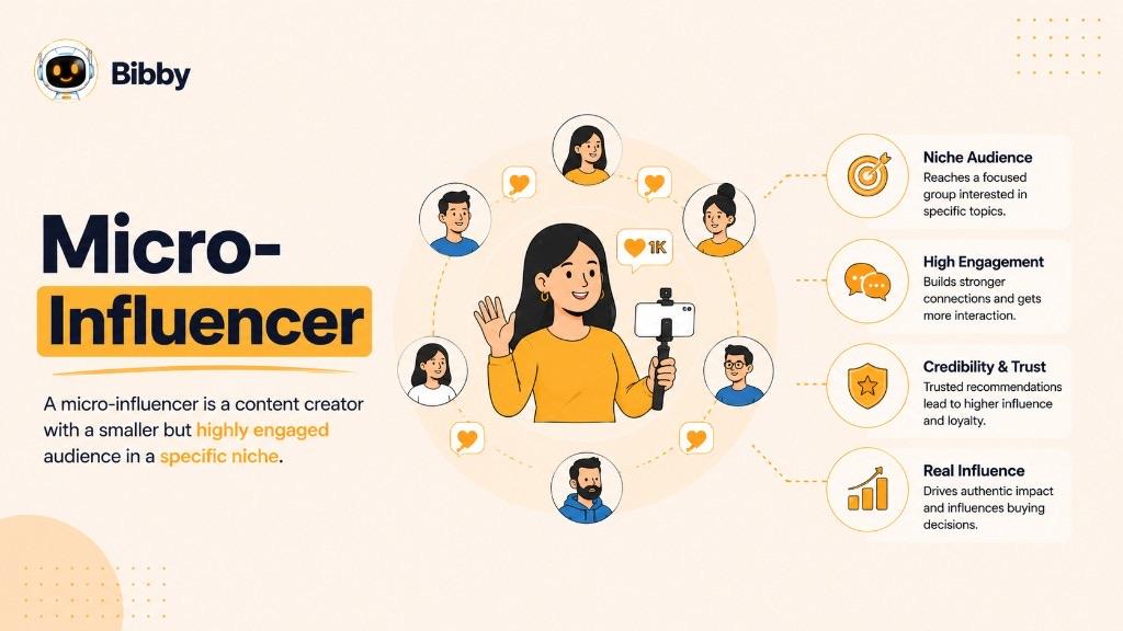 Infographic titled Micro-Influencer defining a smaller, highly engaged niche audience with points on niche audience, high engagement, credibility, and real influence.
