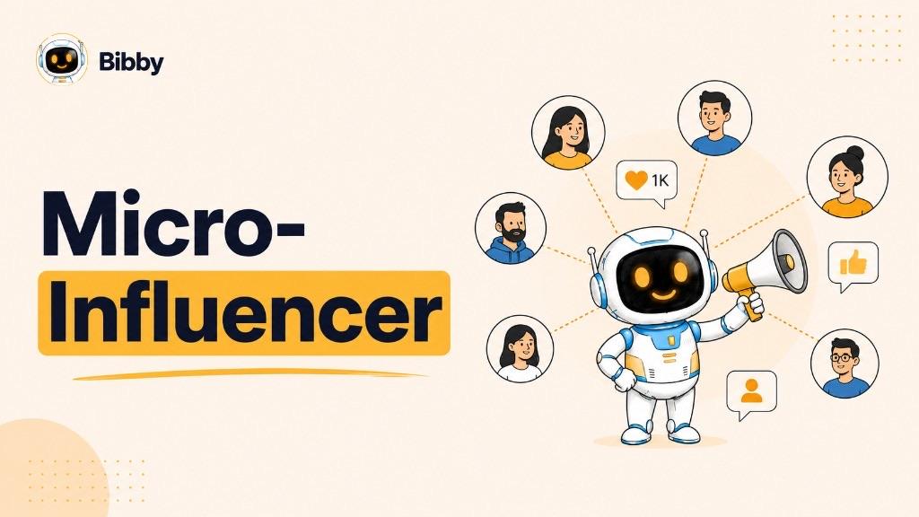 Bibby robot with a megaphone connected to follower avatars, a 1K heart, and a thumbs-up, beside the title Micro-Influencer.