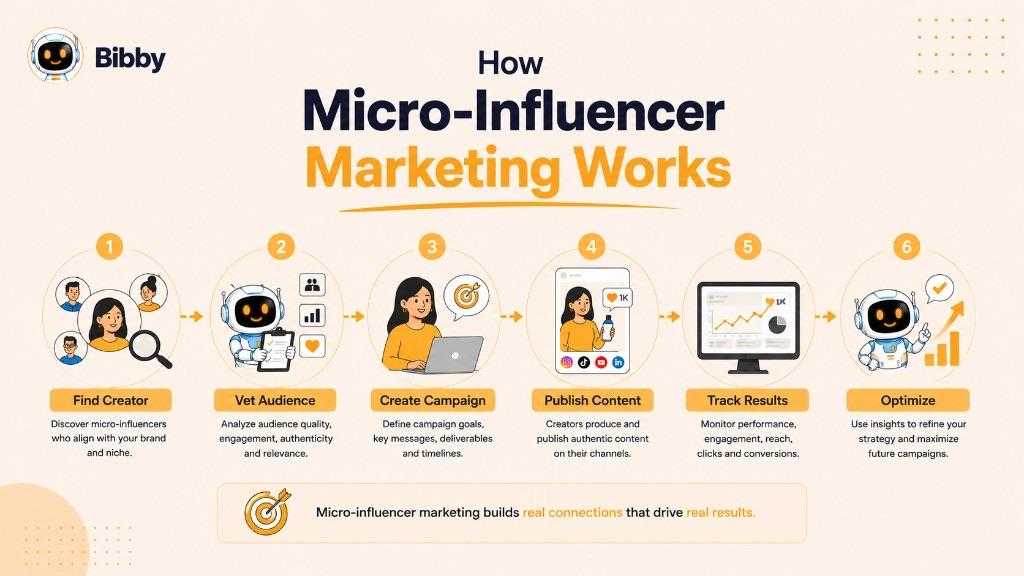 Infographic titled How Micro-Influencer Marketing Works with six steps: find creator, vet audience, create campaign, publish content, track results, and optimize.