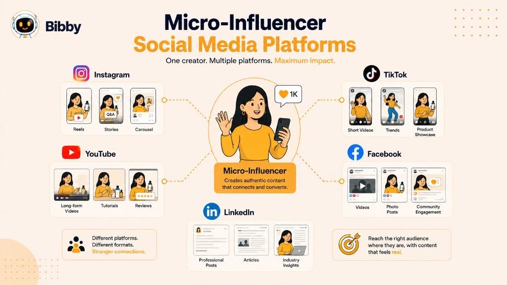 Infographic titled Micro-Influencer Social Media Platforms showing one creator connected to Instagram, TikTok, YouTube, Facebook, and LinkedIn with format examples.