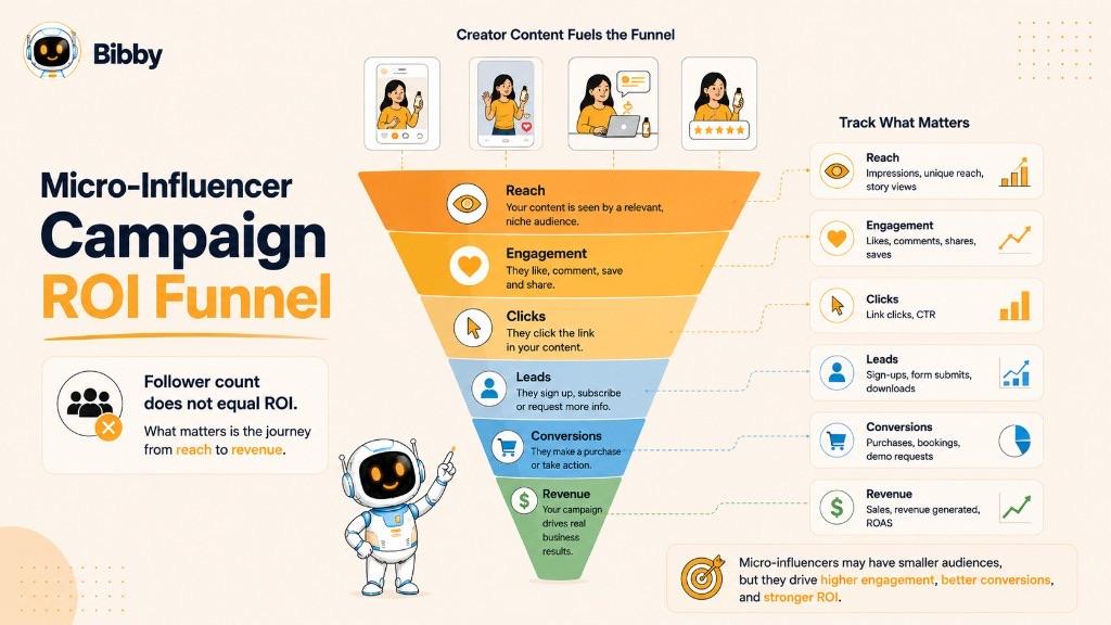 Infographic titled Micro-Influencer Campaign ROI Funnel from reach and engagement through clicks, leads, conversions, and revenue, with sample tracking metrics.