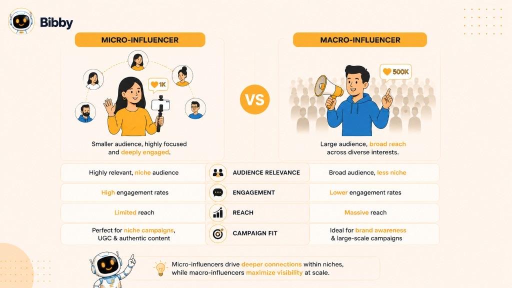 Infographic titled Micro-Influencer vs Macro-Influencer comparing niche audience, engagement, reach, and campaign fit, with sample 1K and 500K labels.