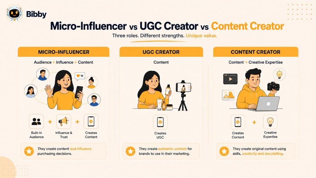 Infographic titled Micro-Influencer vs UGC Creator vs Content Creator comparing audience plus influence plus content, content for brands, and content plus creative expertise.