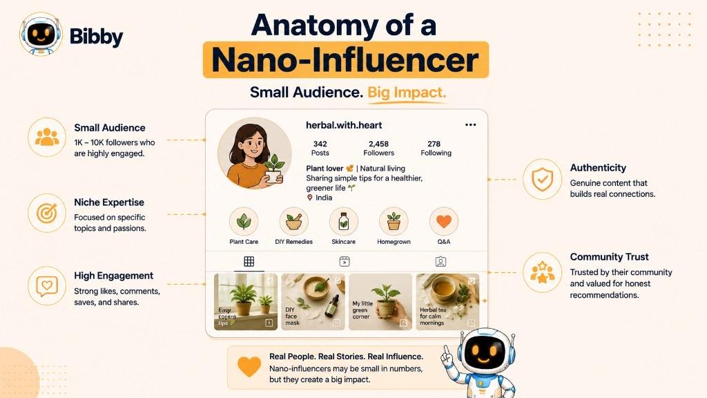 Infographic titled Anatomy of a Nano-Influencer labeling a sample plant-niche profile for small audience, niche expertise, high engagement, authenticity, and community trust.