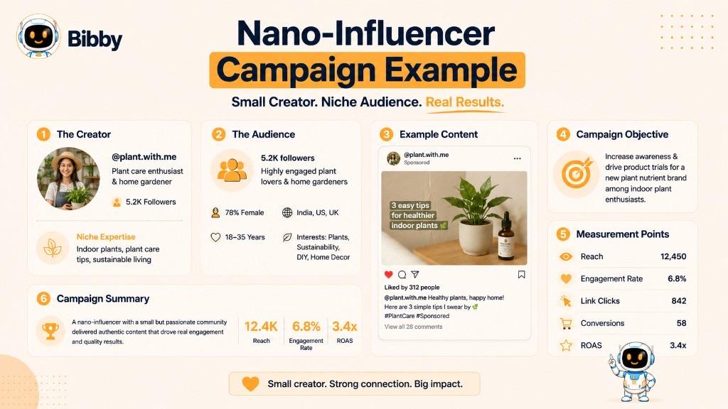 Infographic titled Nano-Influencer Campaign Example showing a hypothetical plant creator, audience, sponsored post, objective, and sample reach, engagement, clicks, conversions, and ROAS.