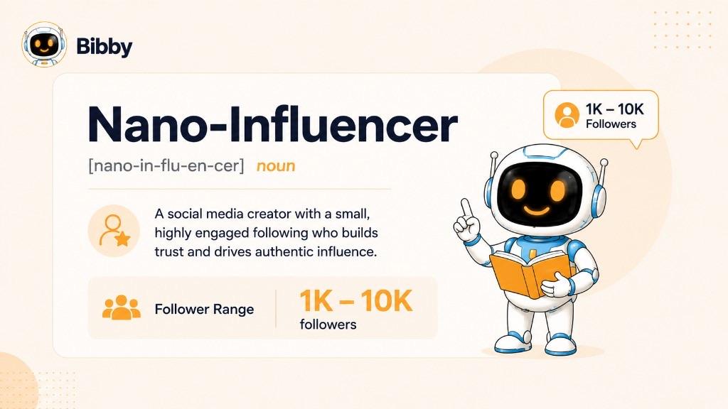 Infographic titled Nano-Influencer defining a small, highly engaged following and highlighting a 1K–10K follower range.