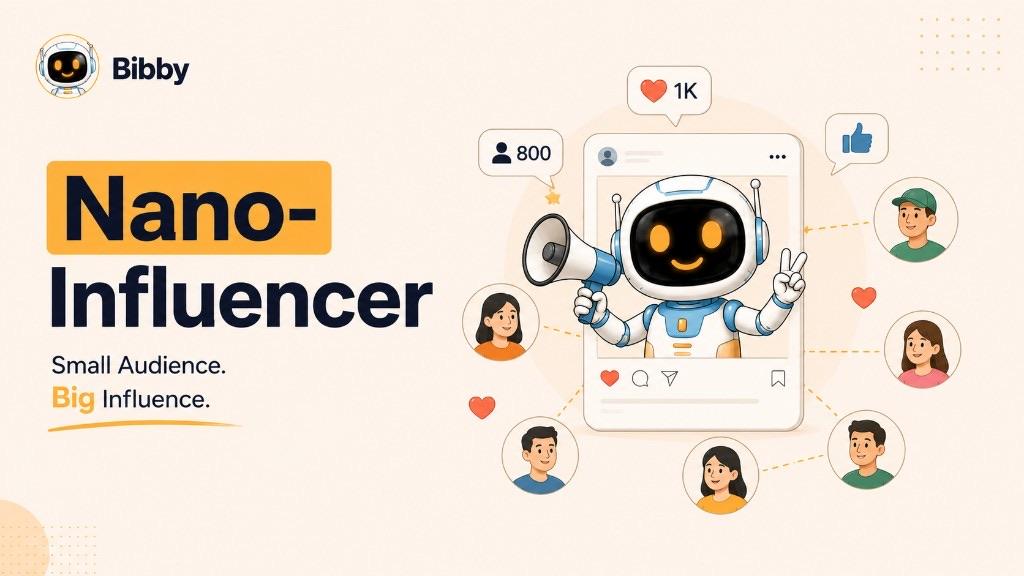 Bibby robot with a megaphone inside a social post frame, connected to a small audience, with sample 800 follower and 1K engagement badges, beside the title Nano-Influencer.