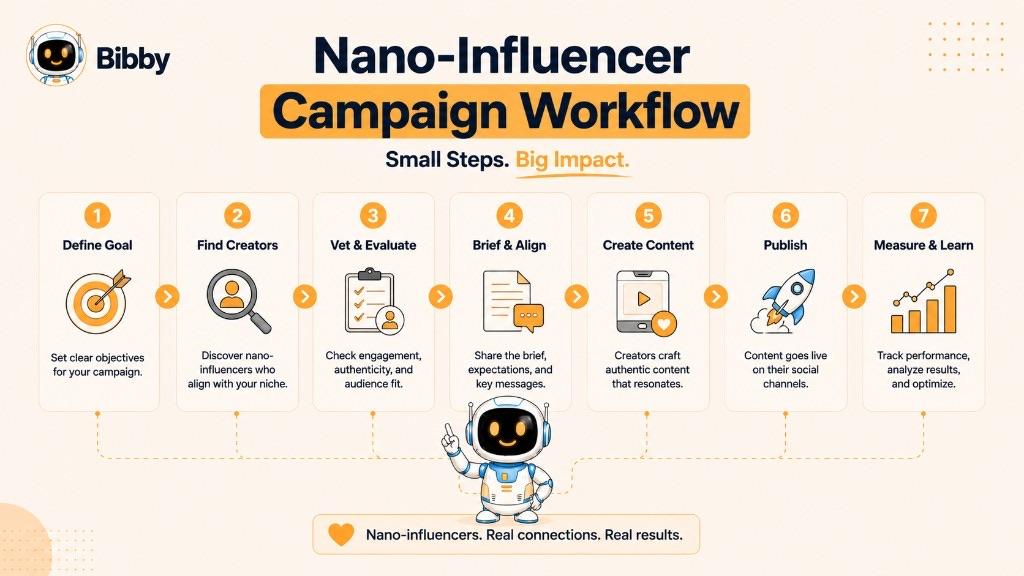 Infographic titled Nano-Influencer Campaign Workflow with seven steps: define goal, find creators, vet and evaluate, brief and align, create content, publish, and measure and learn.
