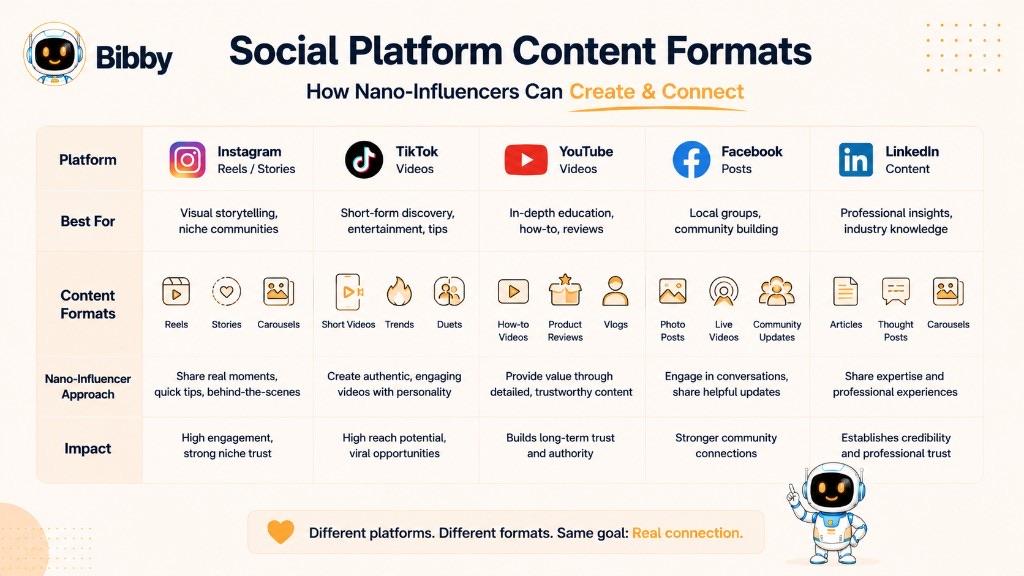 Infographic titled Social Platform Content Formats for nano-influencers across Instagram, TikTok, YouTube, Facebook, and LinkedIn, covering best uses, formats, approach, and impact.