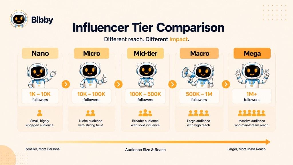 Infographic titled Influencer Tier Comparison showing nano, micro, mid-tier, macro, and mega ranges from smaller personal audiences to larger mass reach.