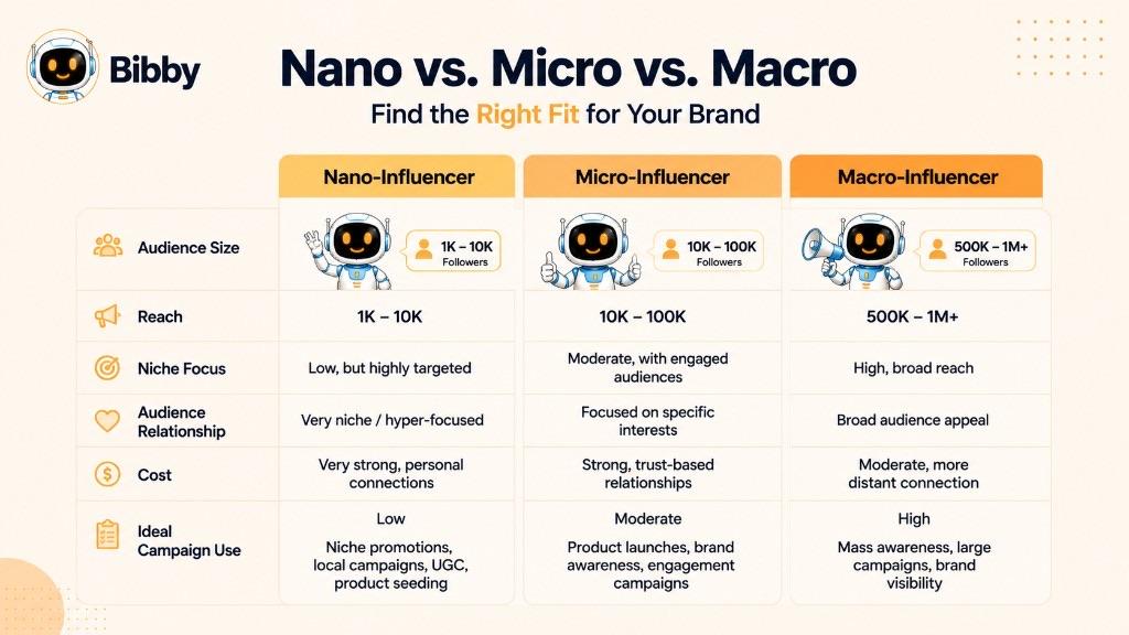 Infographic titled Nano vs Micro vs Macro comparing audience size, reach, niche, relationship, cost, and campaign use across three creator tiers.