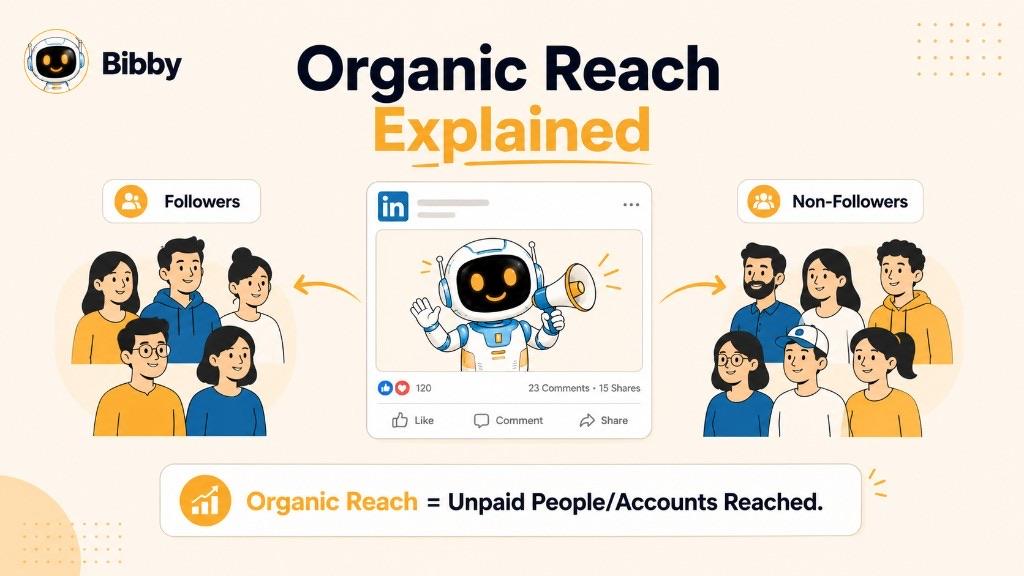 Infographic titled Organic Reach Explained showing a LinkedIn-style post reaching both followers and non-followers, with the formula Organic Reach = Unpaid People/Accounts Reached. Sample 120 likes, 23 comments, and 15 shares are illustrations.