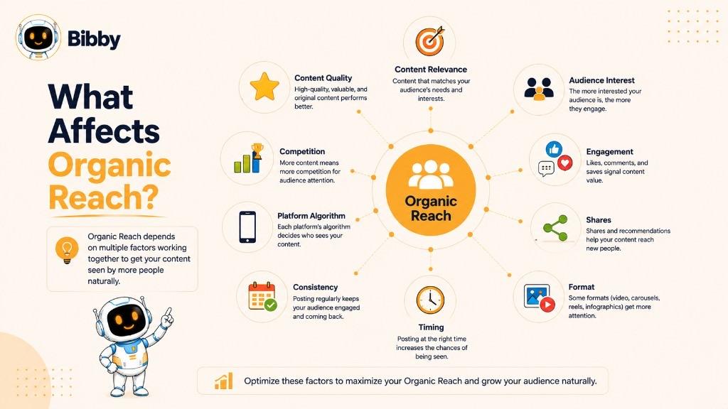 Infographic titled What Affects Organic Reach listing content quality, relevance, audience interest, engagement, shares, format, timing, consistency, platform algorithms, and competition.