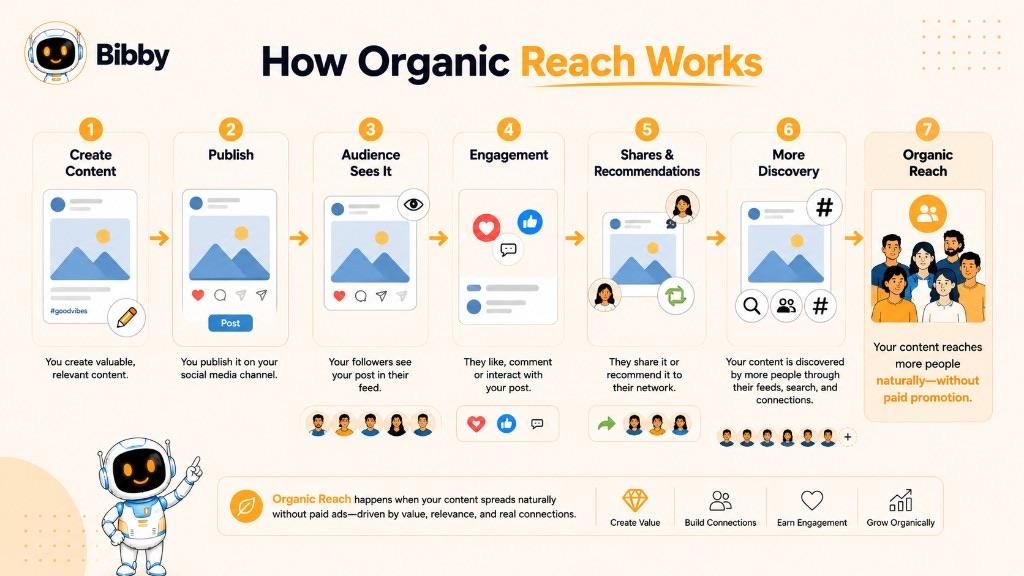 Infographic titled How Organic Reach Works showing seven steps from creating and publishing content through engagement, shares, discovery, and unpaid reach.