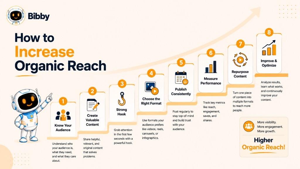 Infographic titled How to Increase Organic Reach with eight steps: know your audience, create valuable content, strong hook, right format, publish consistently, measure, repurpose, and improve.