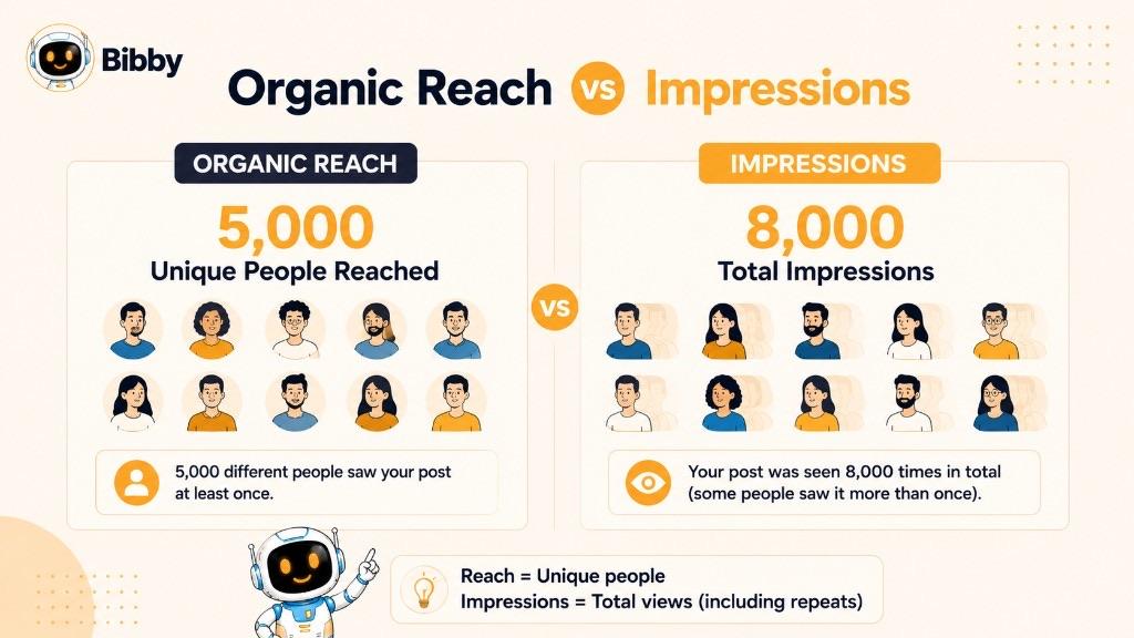 Infographic comparing Organic Reach at 5,000 unique people with Impressions at 8,000 total displays, including repeat views. Sample numbers are illustrations.