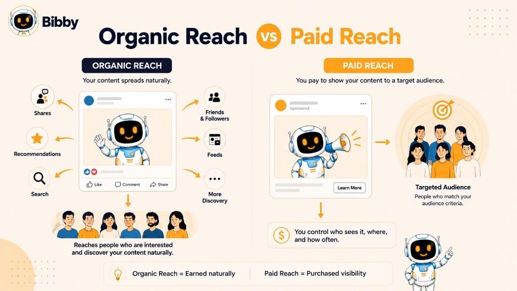Infographic titled Organic Reach vs Paid Reach comparing natural discovery through shares, feeds, and search with sponsored delivery to a targeted audience. Sample post mockups are illustrations.