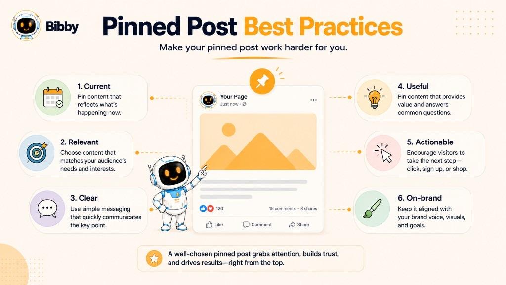 Infographic titled Pinned Post Best Practices around a sample post labeled current, relevant, clear, useful, actionable, and on-brand. The 120 likes, 15 comments, and 8 shares are illustrations.