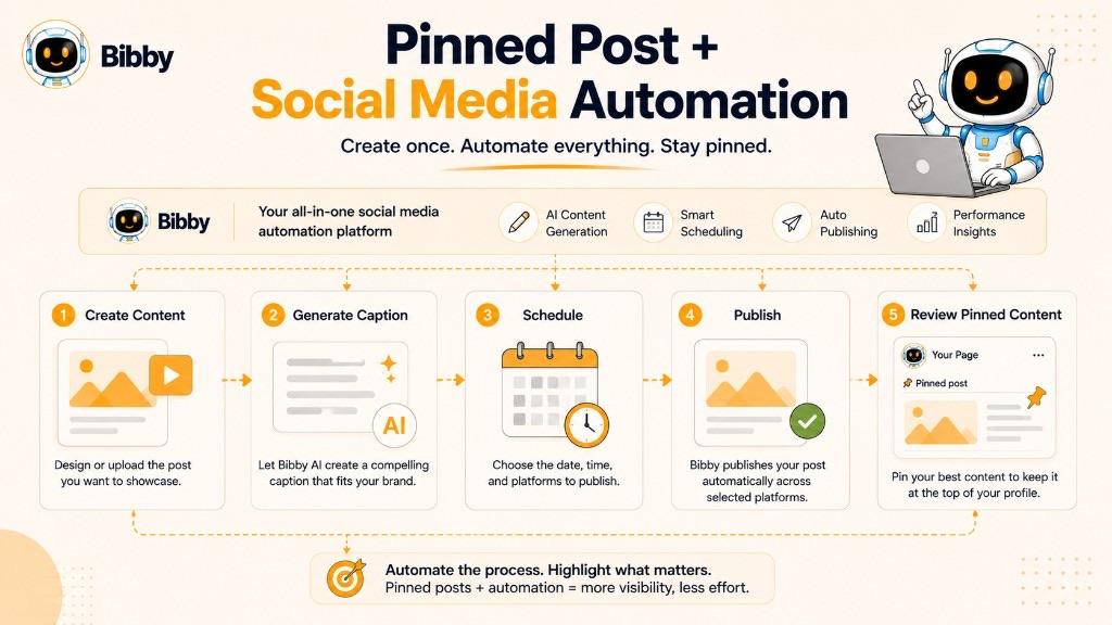 Infographic titled Pinned Post + Social Media Automation showing create, caption, schedule, publish, then review pinned content. All-in-one, performance insights, automate everything, and pin-from-Bibby claims in the graphic are illustrations—Bibby does not pin posts or replace native analytics.