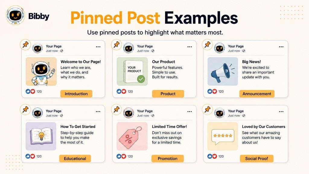 Infographic titled Pinned Post Examples showing introduction, product, announcement, educational, promotion, and social proof mockups. Sample 120-reaction counts are illustrations.