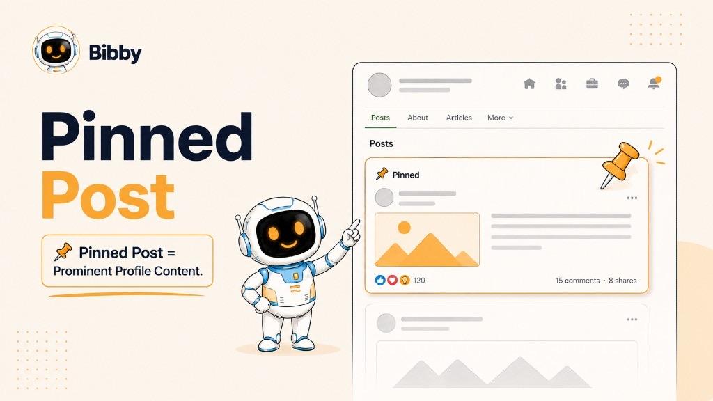 Infographic titled Pinned Post showing a robot pointing at a profile mockup with a Pinned badge, pushpin, and sample 120 likes, 15 comments, and 8 shares. Those counts are illustrations.