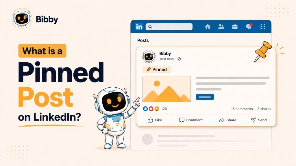 Bibby robot pointing at a LinkedIn profile mockup with an orange pushpin holding a Pinned post at the top of the feed, beside the headline What is a Pinned Post on LinkedIn.