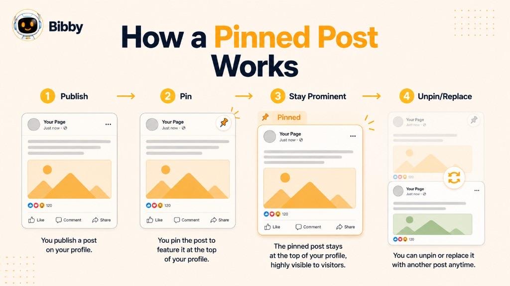 Infographic titled How a Pinned Post Works with four steps: publish, pin, stay prominent, and unpin or replace.