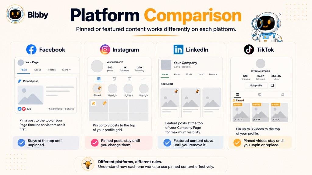 Infographic titled Platform Comparison showing simplified Facebook, Instagram, LinkedIn, and TikTok pin or featured mockups. Sample likes, comments, shares, view counts, and pin limits in the graphic are illustrations and can change—check each app.
