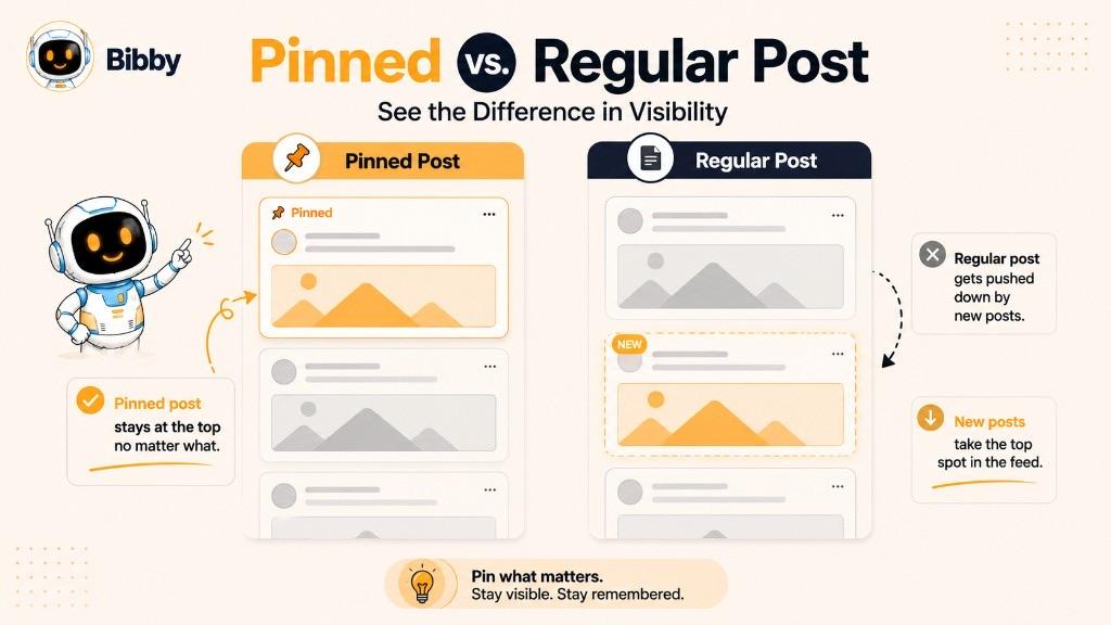Infographic titled Pinned vs Regular Post comparing a post that stays at the top with posts that get pushed down by newer content.