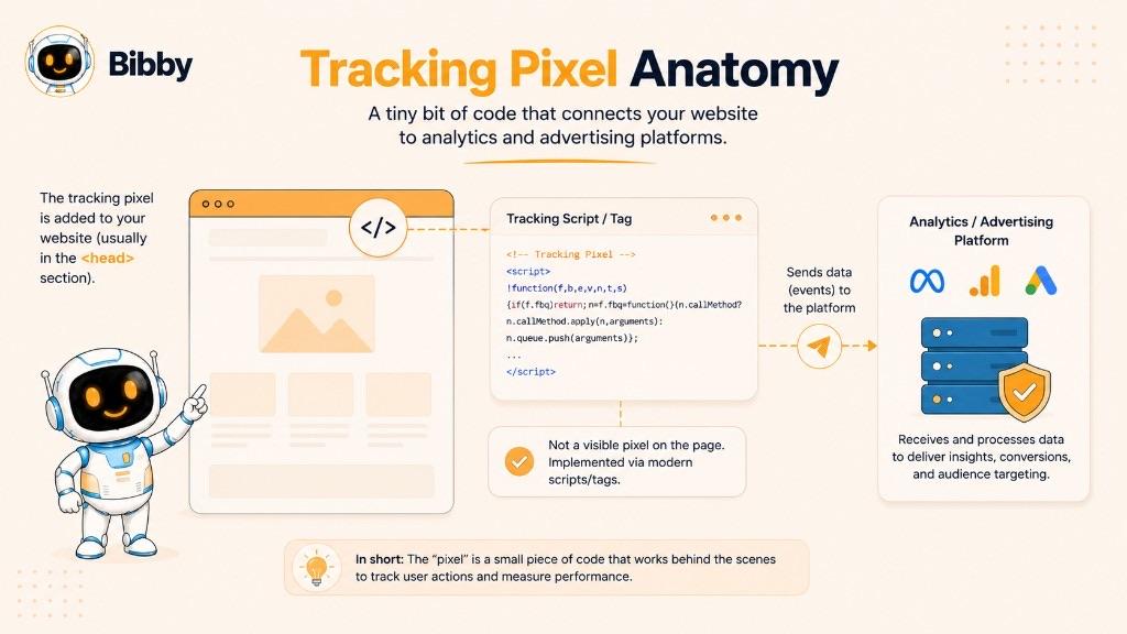 Infographic titled Tracking Pixel Anatomy showing a website, a tracking script or tag, and an analytics or advertising platform. Sample script text is an illustration—not code to copy.