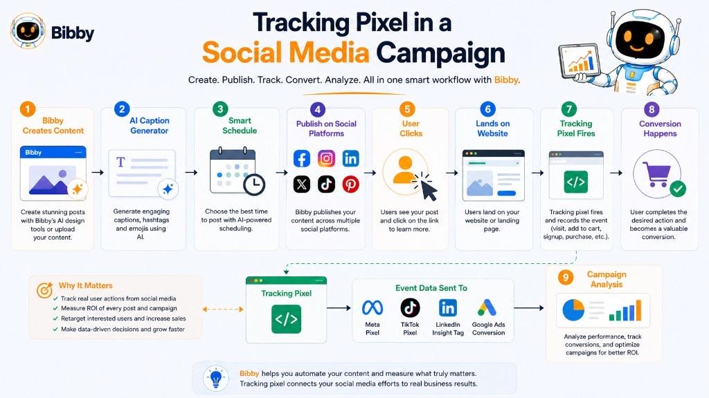 Infographic titled Tracking Pixel in a Social Media Campaign from content creation through a website event and ads-platform analysis. X, Pinterest, auto hashtags, and Bibby measuring conversions in the graphic are illustrations—Bibby publishes on Facebook, Instagram, LinkedIn, YouTube, and TikTok and does not install pixels.