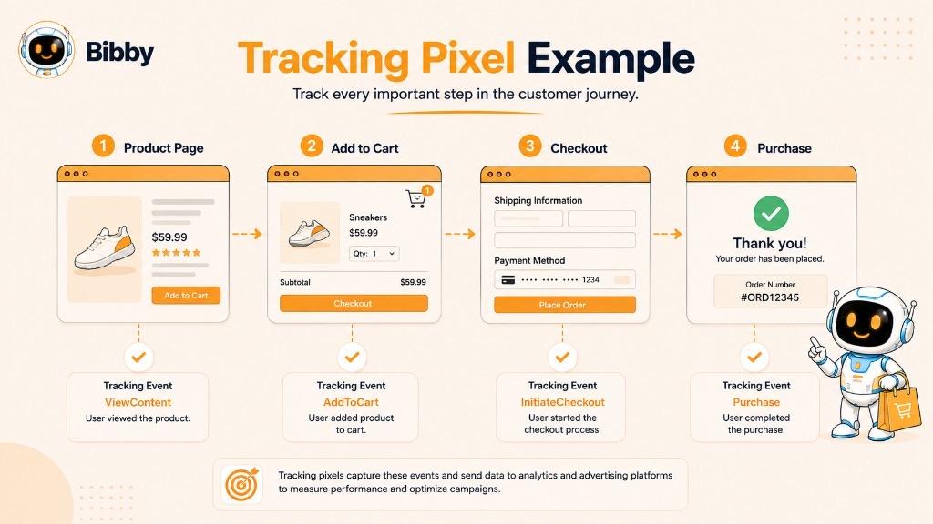Infographic titled Tracking Pixel Example with ViewContent, AddToCart, InitiateCheckout, and Purchase events on a sample sneaker checkout. Product price and order number are illustrations.