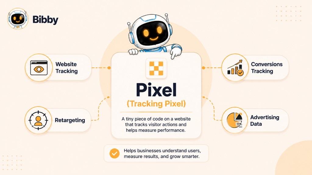 Infographic titled Pixel (Tracking Pixel) defining a tracking pixel as a tiny piece of code that tracks visitor actions, with branches for website tracking, retargeting, conversions, and advertising data.