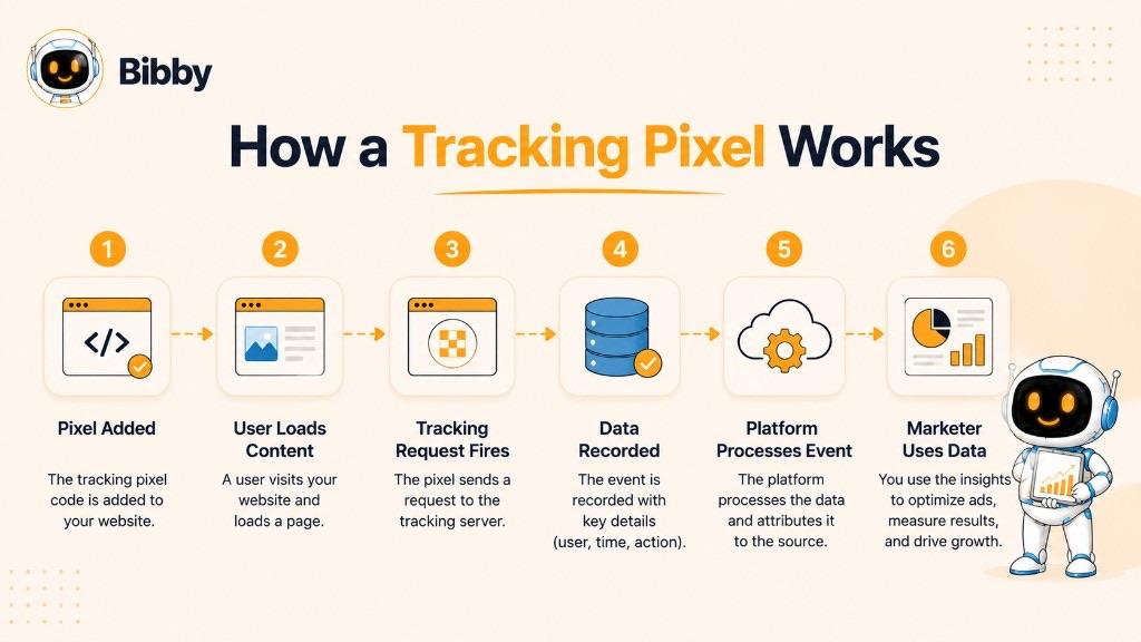Infographic titled How a Tracking Pixel Works showing six steps from adding pixel code through a user loading a page, a tracking request, recorded data, platform processing, and a marketer using insights.