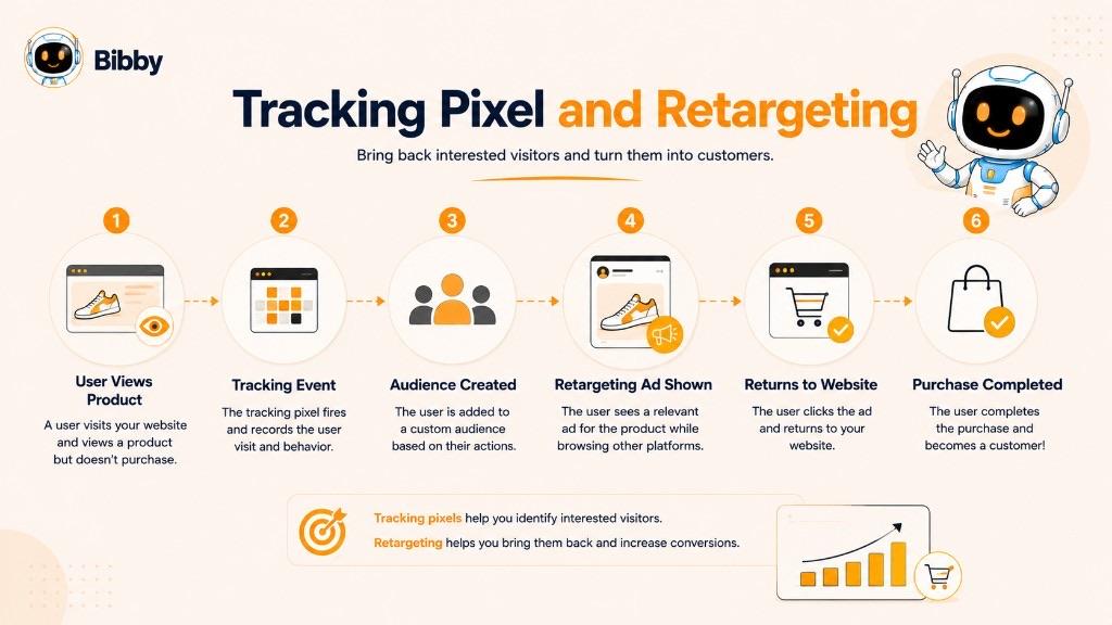 Infographic titled Tracking Pixel and Retargeting showing six steps from a product view through an audience, a follow-up ad, a return visit, and a purchase. Sample product art is an illustration.