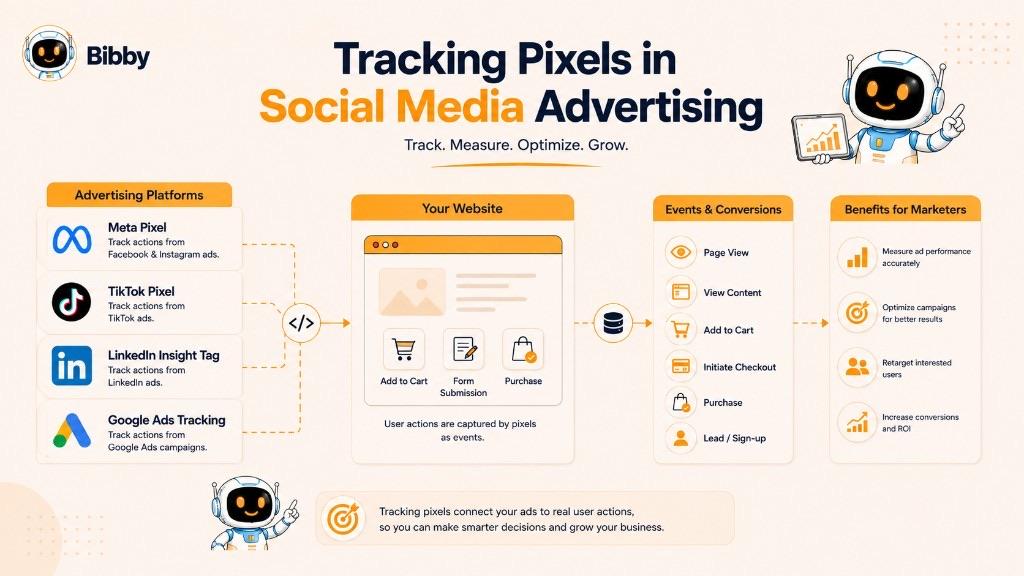 Infographic titled Tracking Pixels in Social Media Advertising showing Meta Pixel, TikTok Pixel, LinkedIn Insight Tag, and Google Ads tracking connecting website events to measurement and retargeting.
