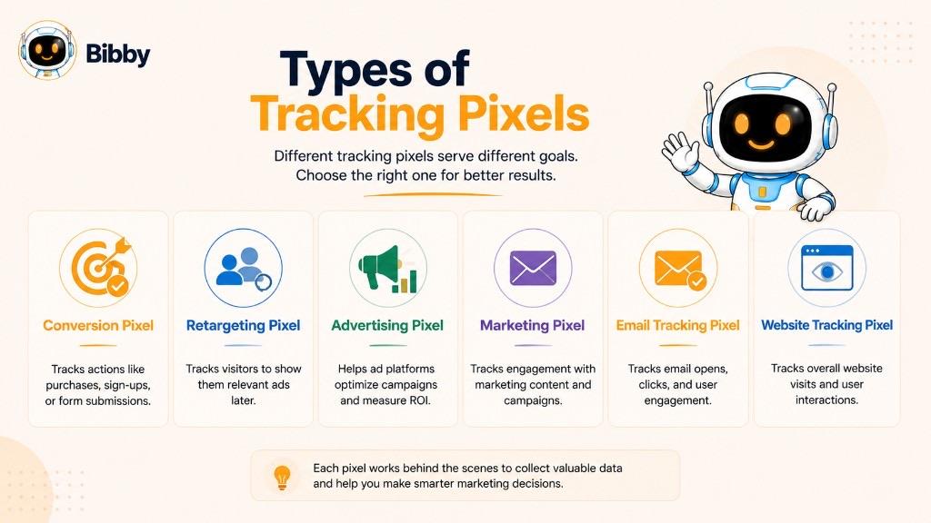 Infographic titled Types of Tracking Pixels covering conversion, retargeting, advertising, marketing, email, and website tracking pixels.