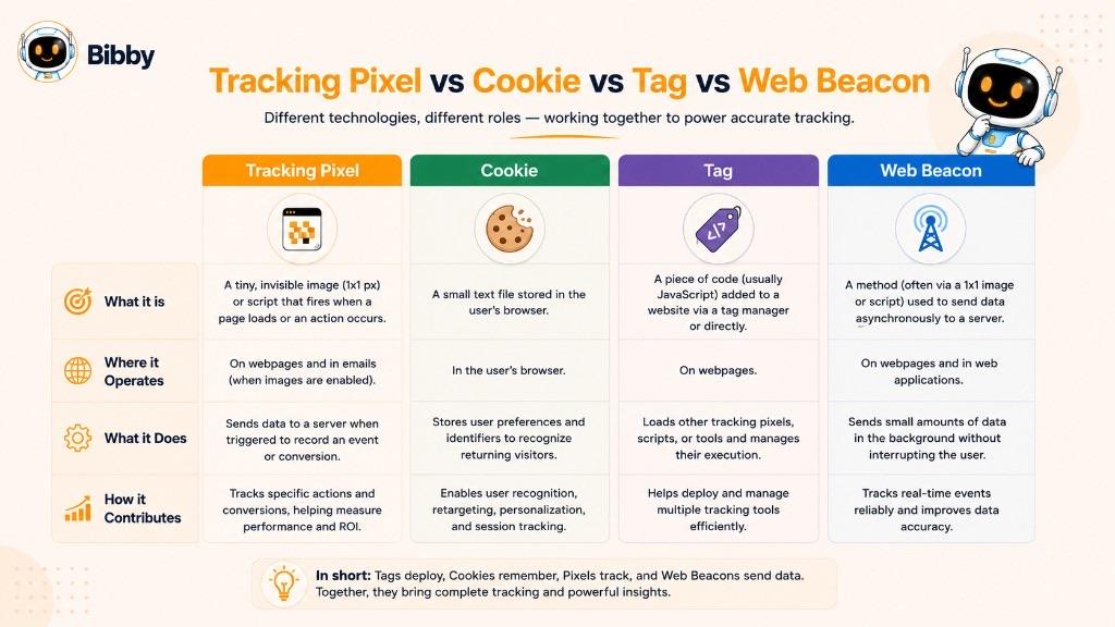 Infographic comparing tracking pixel, cookie, tag, and web beacon by what they are, where they operate, what they do, and how they contribute. The grid is a simplified illustration.