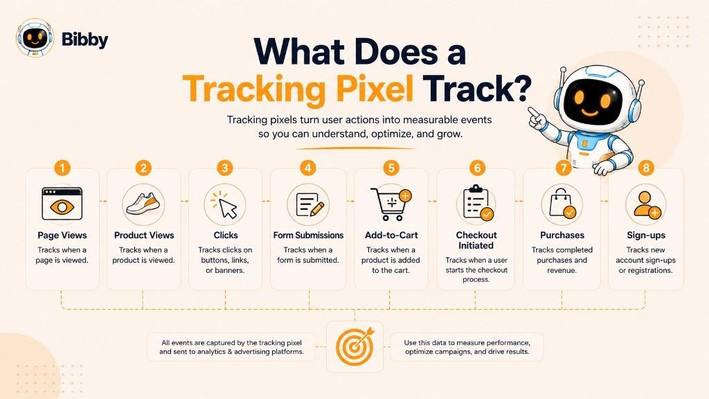 Infographic titled What Does a Tracking Pixel Track listing page views, product views, clicks, form submissions, add-to-cart, checkout, purchases, and sign-ups.