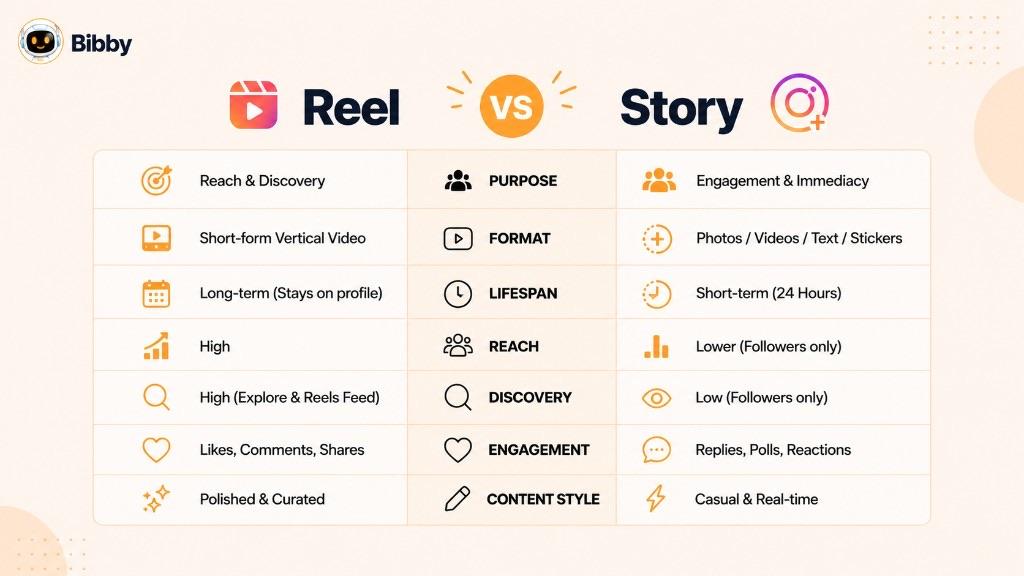 Comparison chart of Reel versus Story across seven rows: purpose, format, lifespan, reach, discovery, engagement, and content style. Reels show short-form vertical video that stays on the profile with higher discovery; Stories show photos, videos, text, and stickers lasting 24 hours with follower-focused reach.