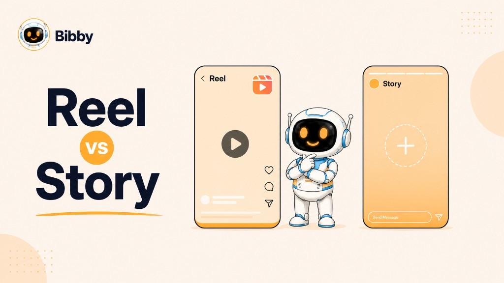Bibby robot between two phone mockups labeled Reel and Story, with the title Reel vs Story.