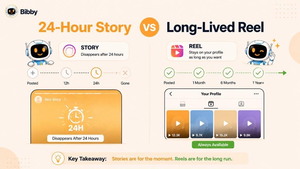 Timeline infographic titled 24-Hour Story vs Long-Lived Reel. A Story moves from posted to 12 hours to 24 hours and then disappears, while a Reel stays available on the profile at one month, six months, and beyond a year. View counts shown are illustrations.
