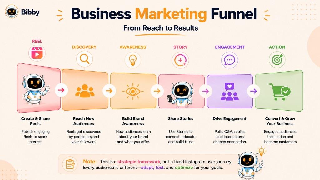 Funnel diagram running from creating and sharing Reels to reaching new audiences and building brand awareness, then to sharing Stories, driving engagement through polls and replies, and finally converting engaged audiences into customers. The graphic notes it is a strategic framework, not a fixed Instagram user journey.