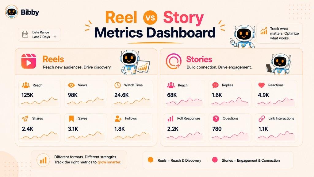 Illustrated metrics dashboard comparing Reels metrics—reach, views, watch time, shares, saves, and follows—with Stories metrics—reach, replies, reactions, poll responses, questions, and link interactions. All figures shown are sample illustrations.