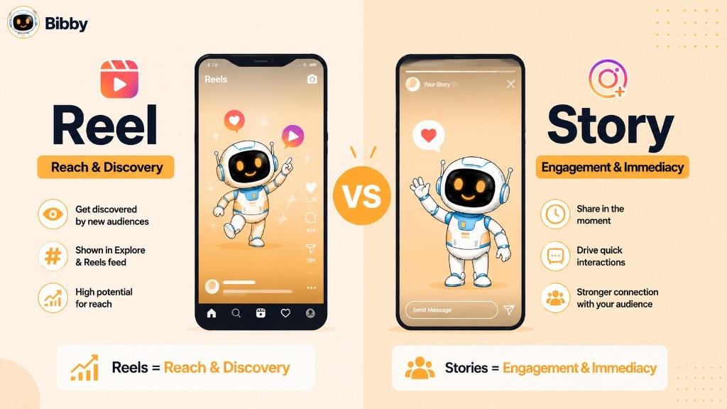 Side-by-side infographic comparing a Reel phone screen labeled Reach and Discovery with a Story phone screen labeled Engagement and Immediacy, listing discovery in Explore and the Reels feed for Reels and in-the-moment sharing, quick interactions, and stronger audience connection for Stories.