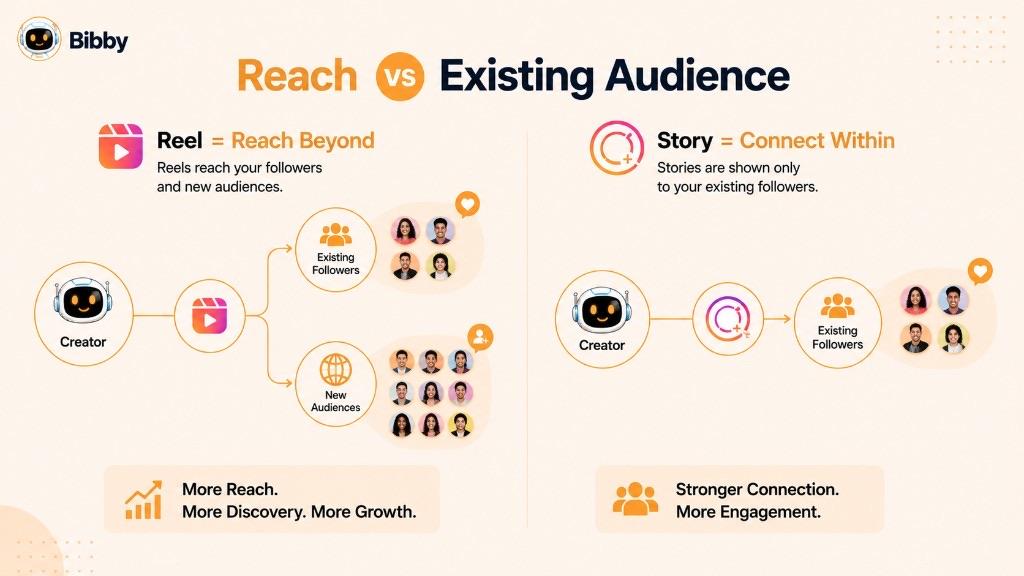 Diagram titled Reach vs Existing Audience. On the left, a creator publishes a Reel that flows to both existing followers and new audiences. On the right, a Story flows only to existing followers.